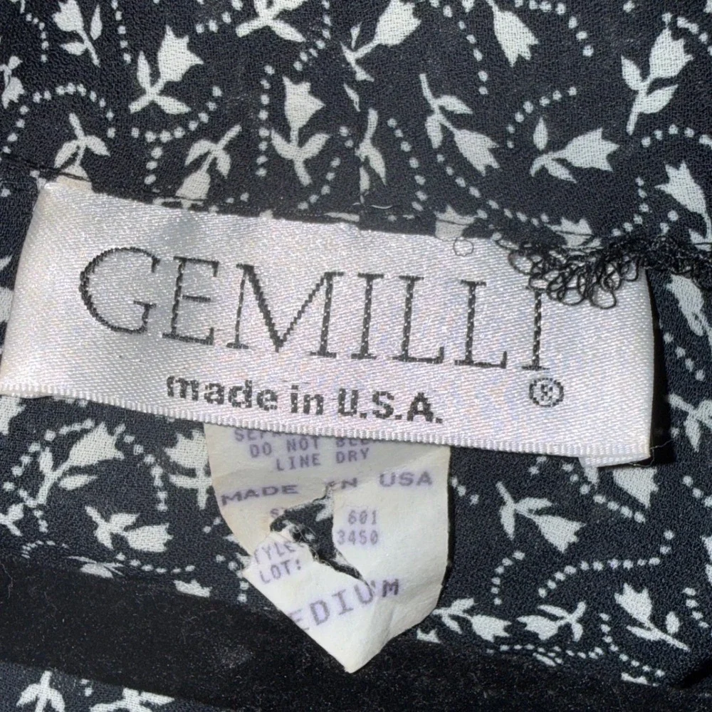 Gemilli Vintage Long Sleeve Bodysuit Black White Floral Wrap Front Made in USA M